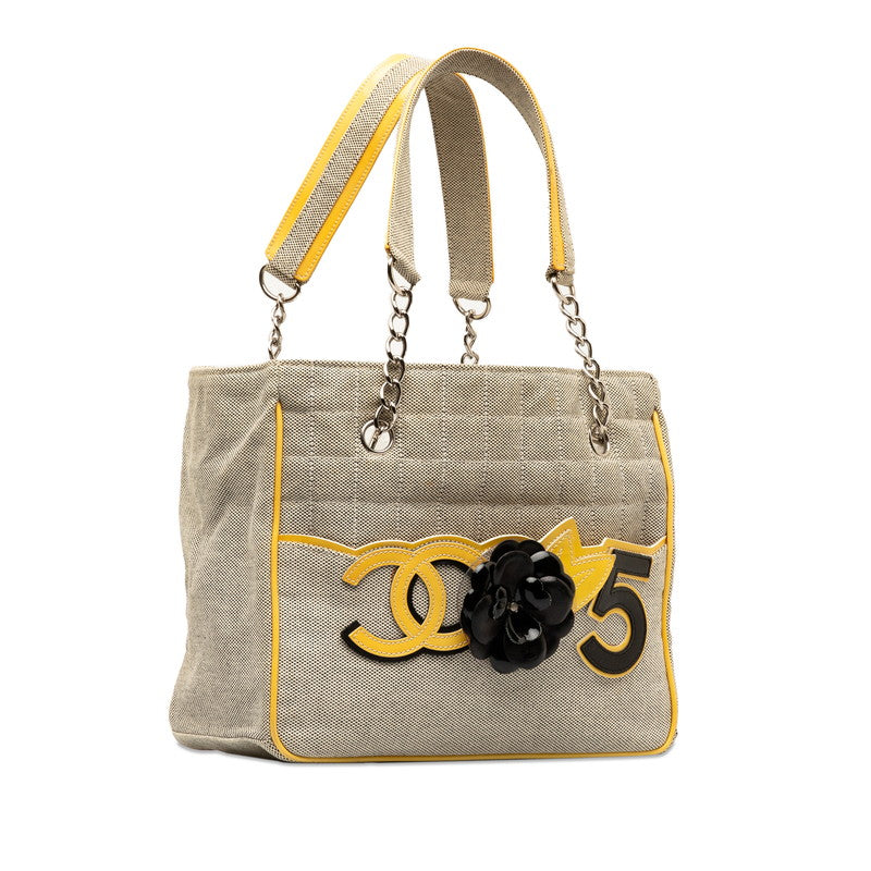 Chanel None.5 Chocolate Bar Camellia Chain Handbag A31573 Yellow Gr Canvas Emmeline  CHANEL