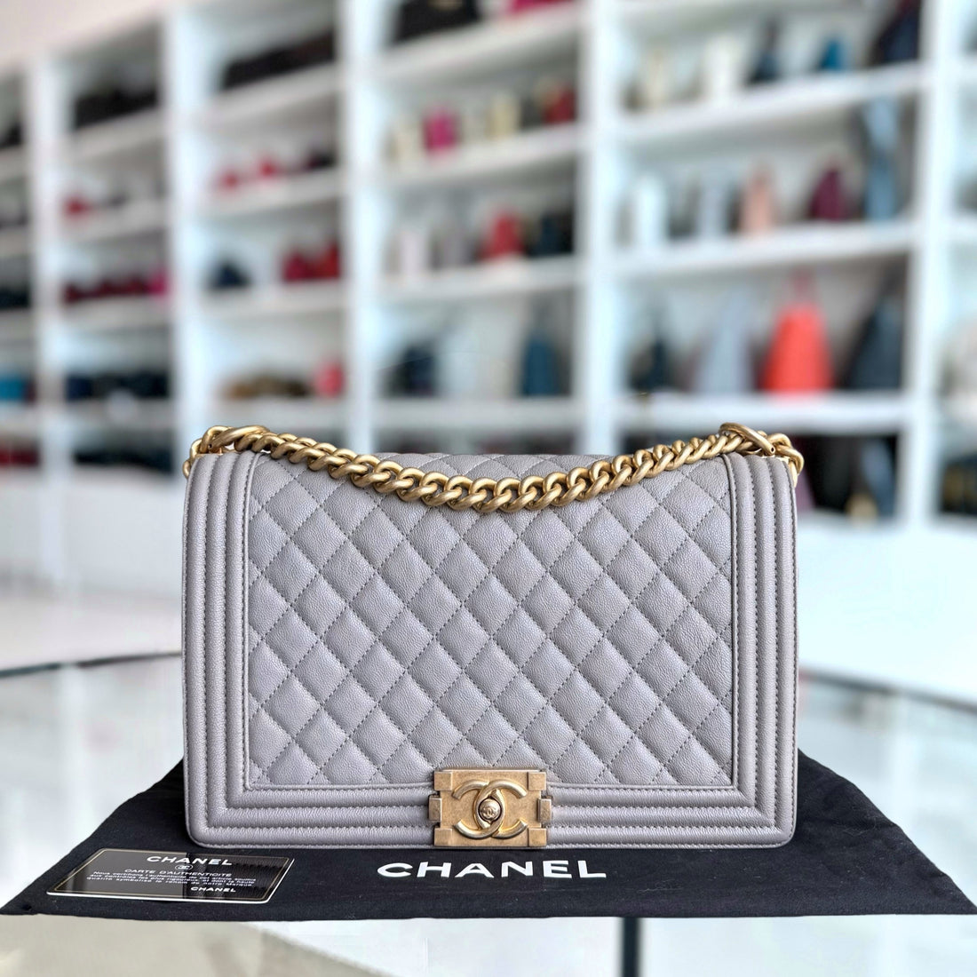 Chanel Boy Medium - Caviar 28CM Quilted Grey Gray Gold Hardware Series 26