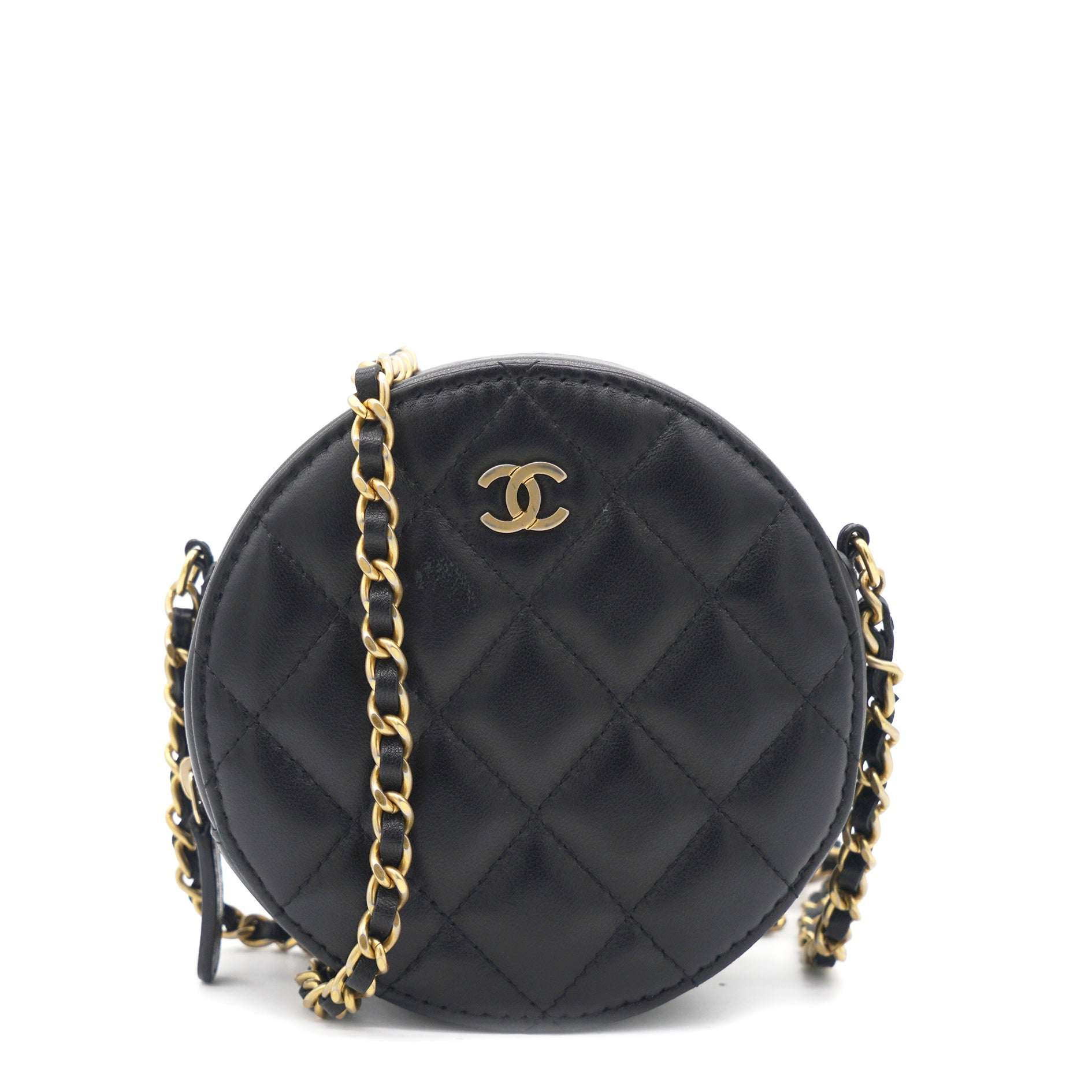Chanel Mini Round Purse Vanity Lambskin Leather Black