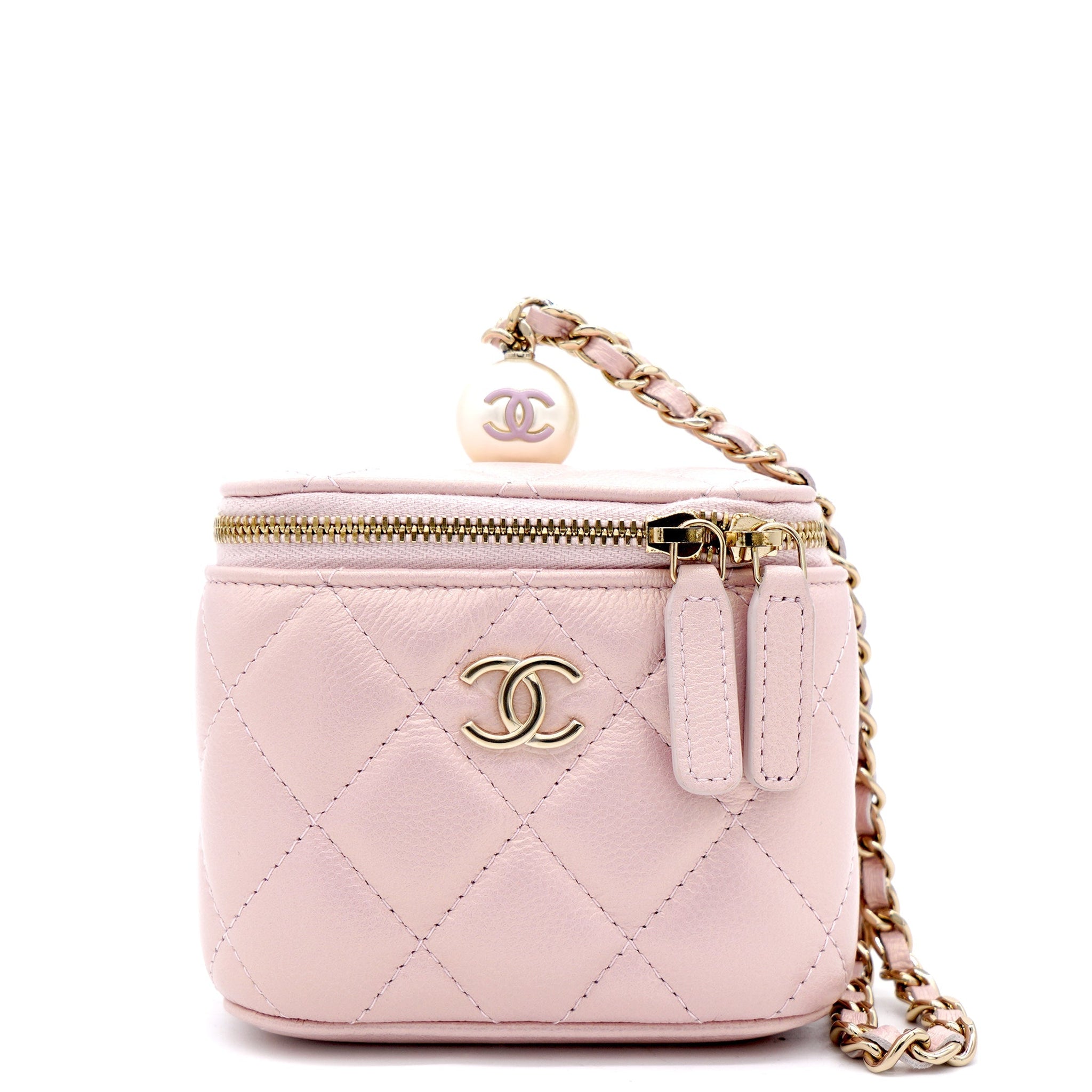 Chanel Mini Caviar GHW Vanity Case with Pearl Details Light Pink