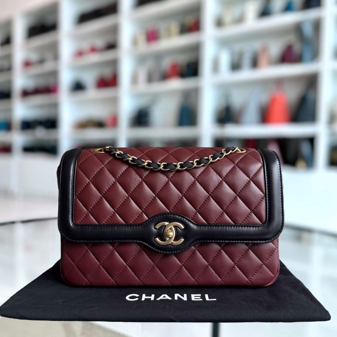 Chanel Seasonal Two-tone Flap Medium - Quilted Lambskin Dark Burgundy Red Black Gold Hardware Series 21