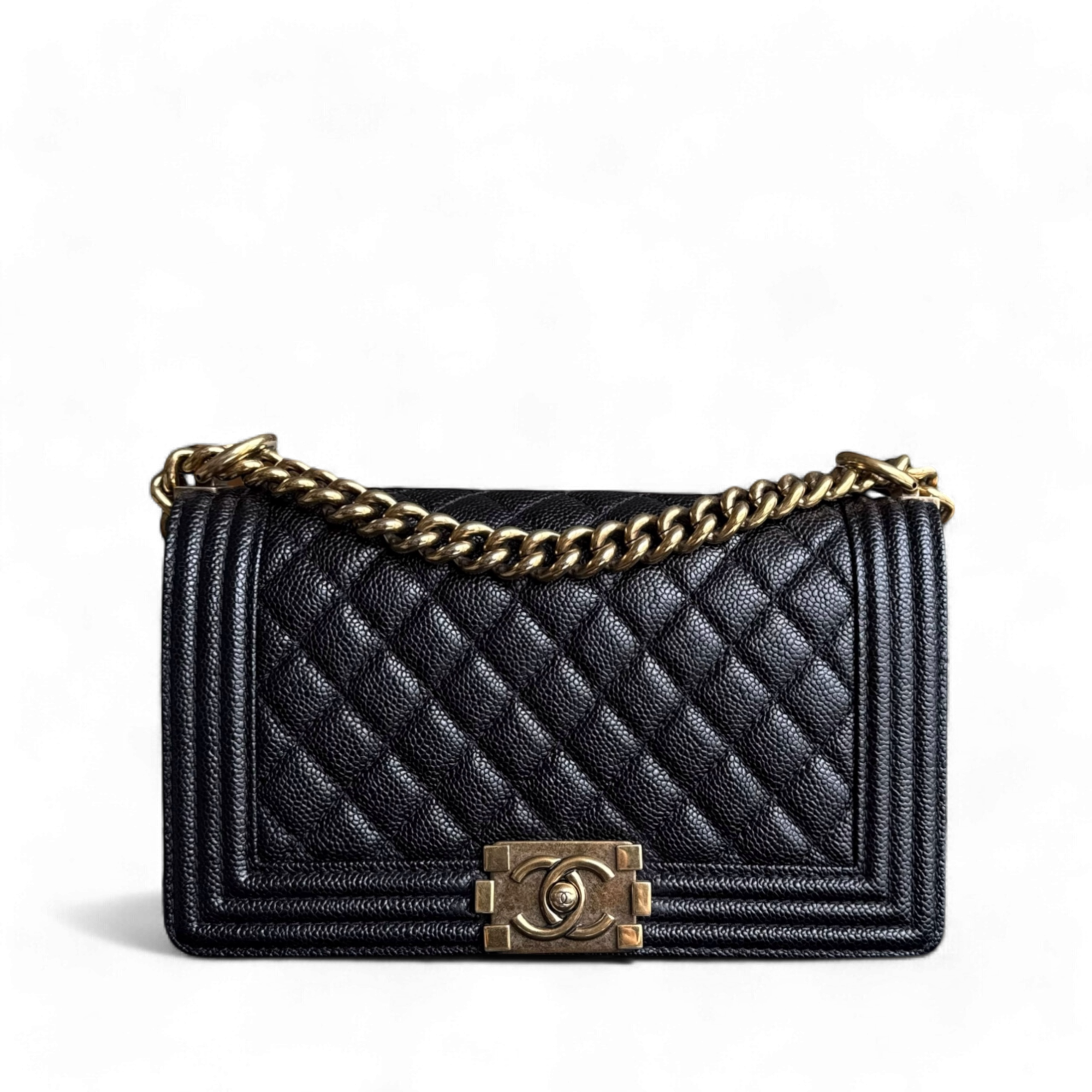 Chanel Boy Medium - Caviar 25CM Quilted Black Ruthenium Gold Hardware Series 20