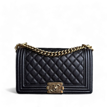 Chanel Boy Medium - Caviar 25CM Quilted Black Ruthenium Gold Hardware Series 20
