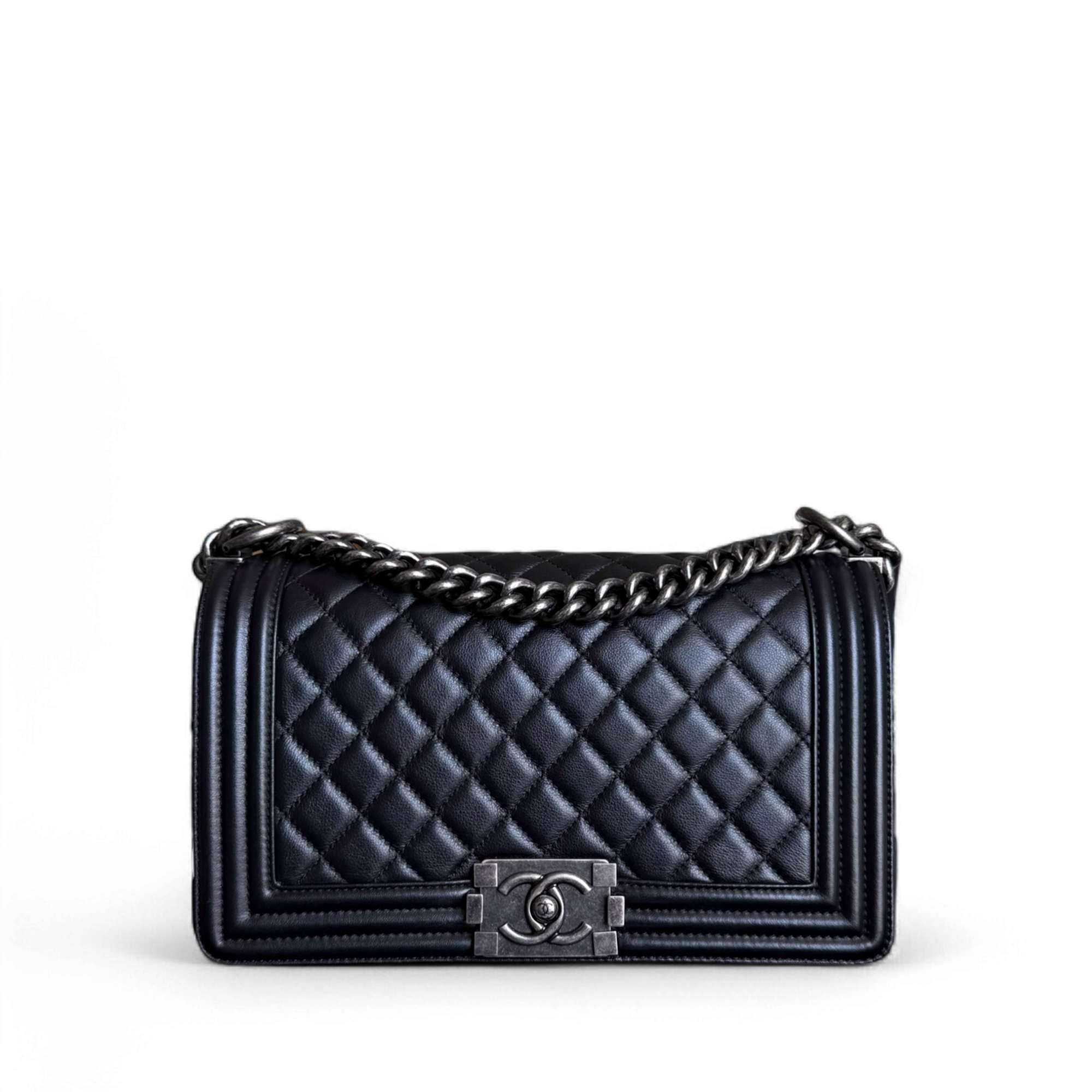 Chanel Boy Medium - Grained Calfskin 25CM Quilted Black Ruthenium Silver Hardware Series 24