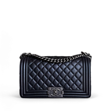 Chanel Boy Medium - Grained Calfskin 25CM Quilted Black Ruthenium Silver Hardware Series 24