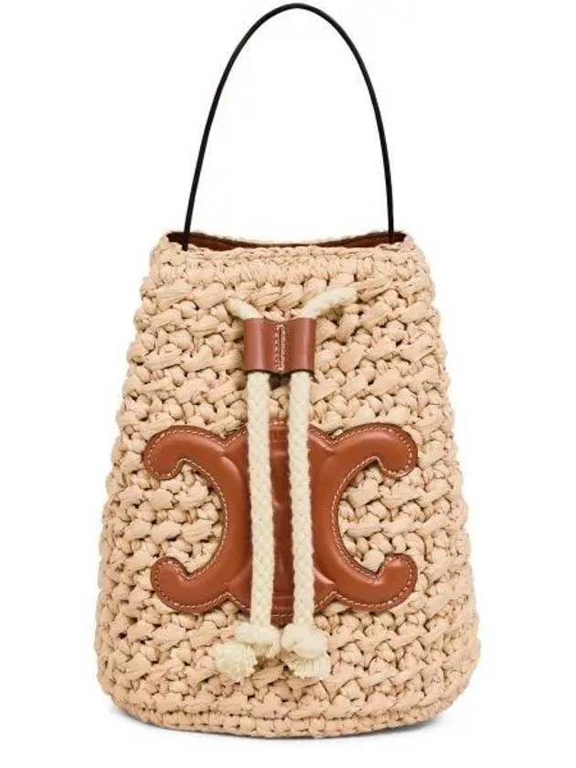 CELINE Teen Drawstring Raffia Calfskin Bucket Bag Natural Tan
