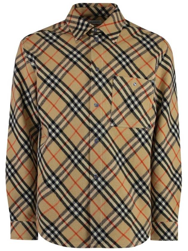 Burberry Check Oversized Wool Long Sleeve Shirt Sand