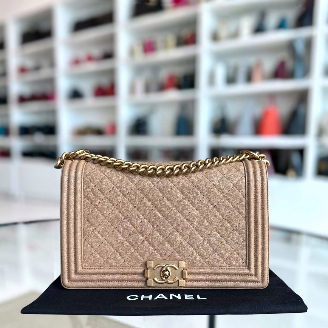 Chanel Boy New Medium - Caviar 28CM Quilted Beige Grained Calfskin Gold Hardware Series 28