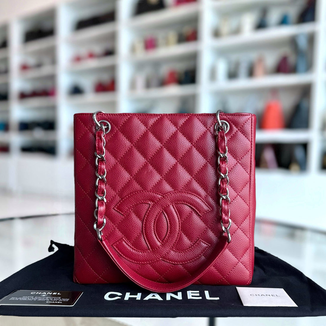 Chanel PST Petite Shopping Tote - Caviar Quilted Red Silver Hardware Series 13