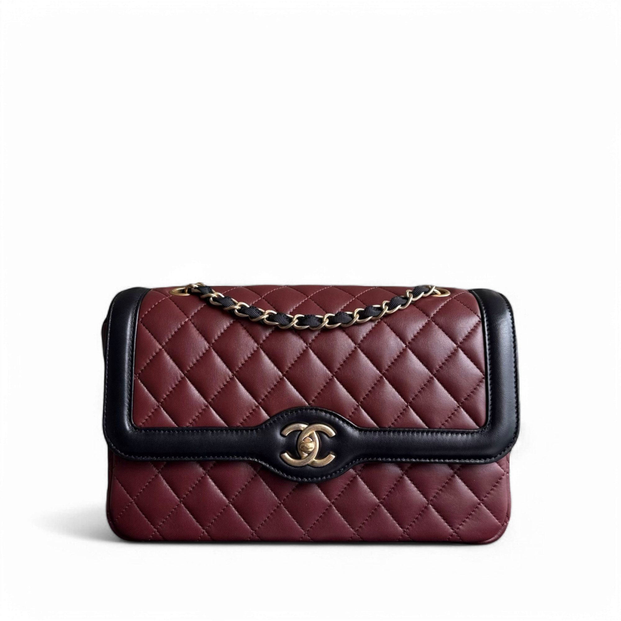 Chanel Seasonal Two-tone Flap Medium - Quilted Lambskin Dark Burgundy Red Black Gold Hardware Series 21