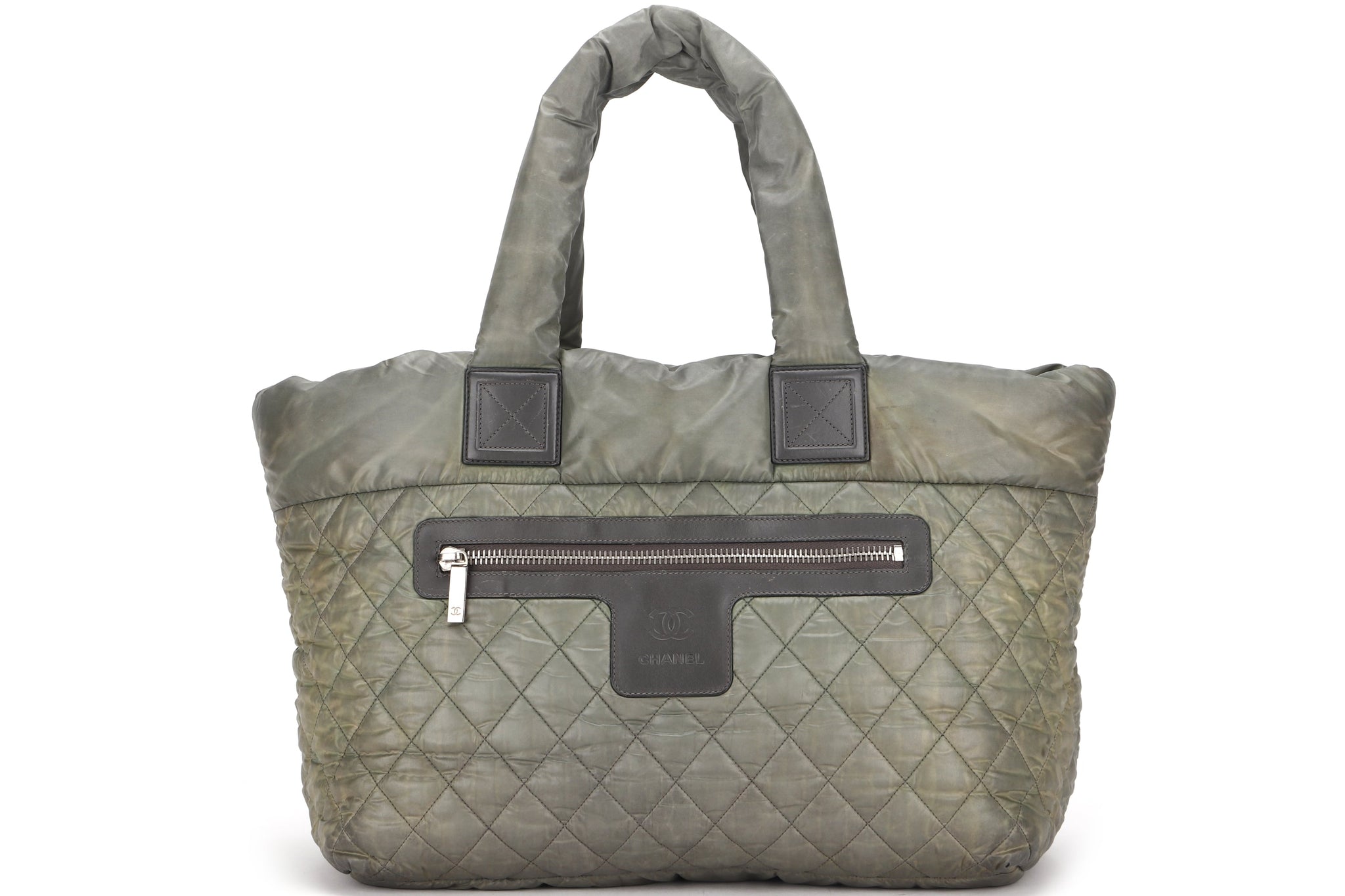 CHANEL COCO COCOON REVERSIBLE TOTE BAG (1358xxxx) ARMY GREEN & GREY NYLON SILVER HARDWARE, NO  & DUST COVER