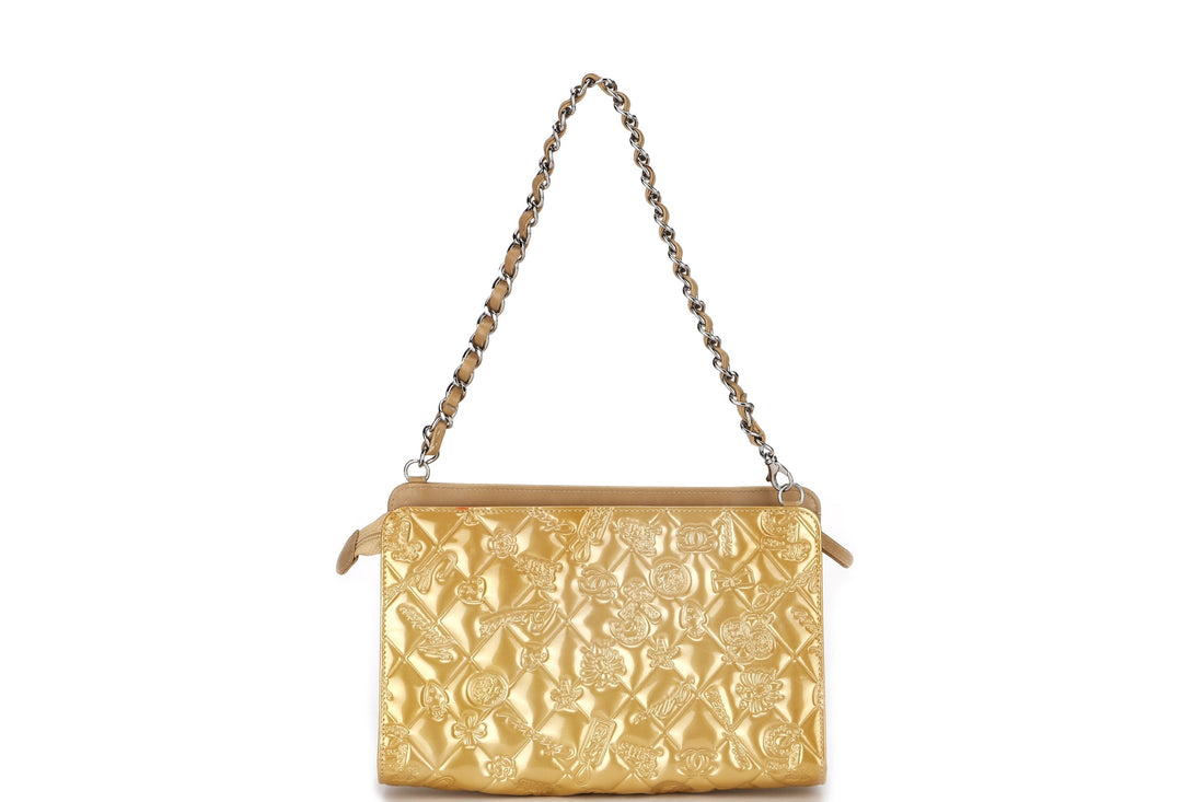 CHANEL EMBOSSED GOLD PATENT LUCKY SYMBOLS BAG (1335xxxx) SILVER HARDWARE, NO , DUST COVER & BOX