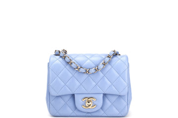 CHANEL CLASSIC MINI SQUARE (3071xxxx) LIGHT BLUE LAMBSKIN LIGHT GOLD HARDWARE, WITH , DUST COVER & BOX