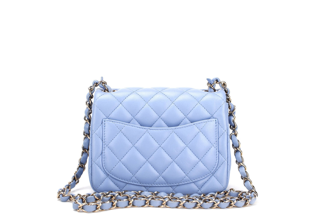 CHANEL CLASSIC MINI SQUARE (3071xxxx) LIGHT BLUE LAMBSKIN LIGHT GOLD HARDWARE, WITH , DUST COVER & BOX