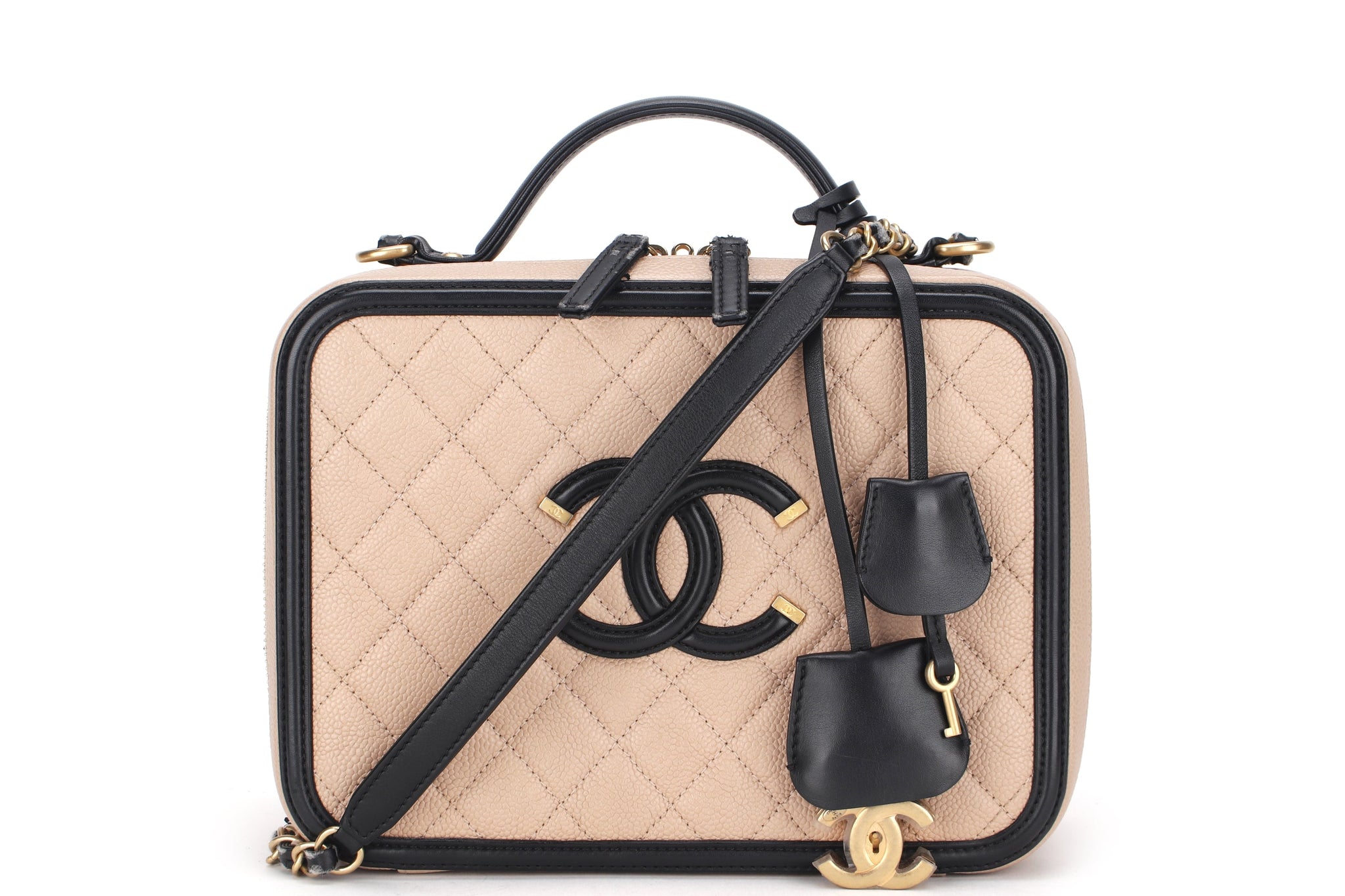 CHANEL FILIGREE VANITY CASE (2805xxxx) LARGE BEIGE & BLACK CAVIAR LEATHER, WITH , LOCK, KEY & DUST COVER