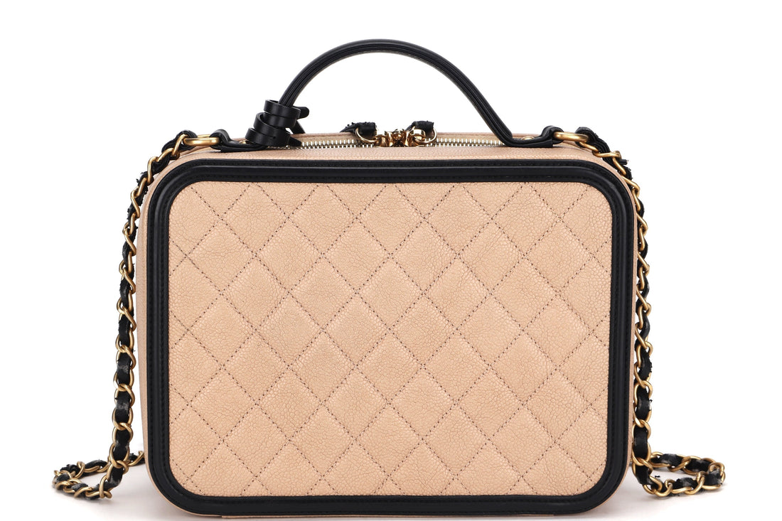 CHANEL FILIGREE VANITY CASE (2805xxxx) LARGE BEIGE & BLACK CAVIAR LEATHER, WITH , LOCK, KEY & DUST COVER