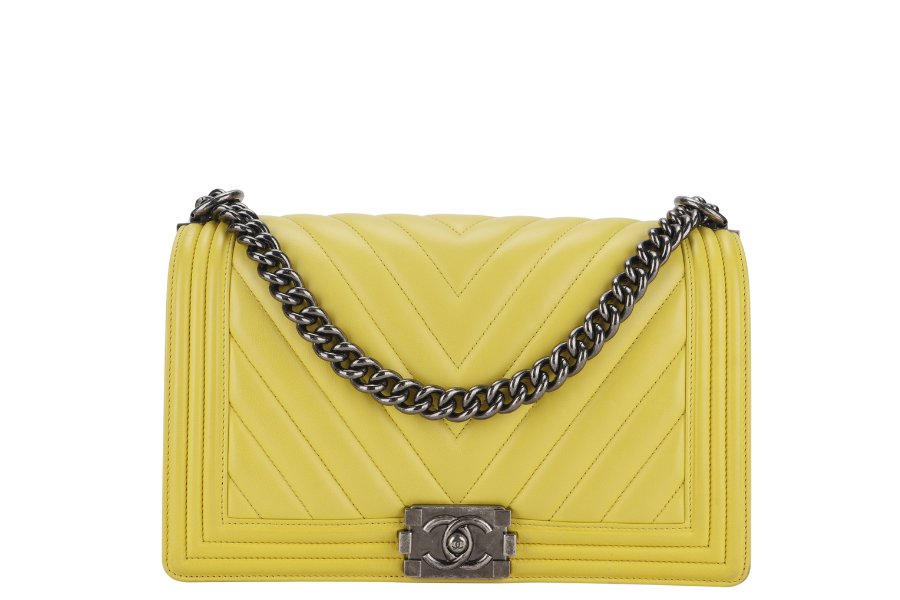 CHANEL LEBOY (2234xxxx) YELLOW CHEVRON LAMBSKIN RUTHENIUM HARDWARE WITH DUST COVER