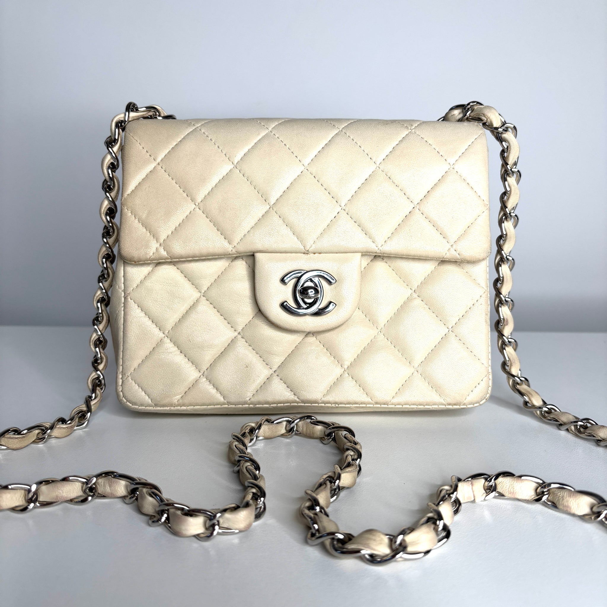 Chanel Mini Flap Square Ivory Lambskin Shoulder Bag - Preloved