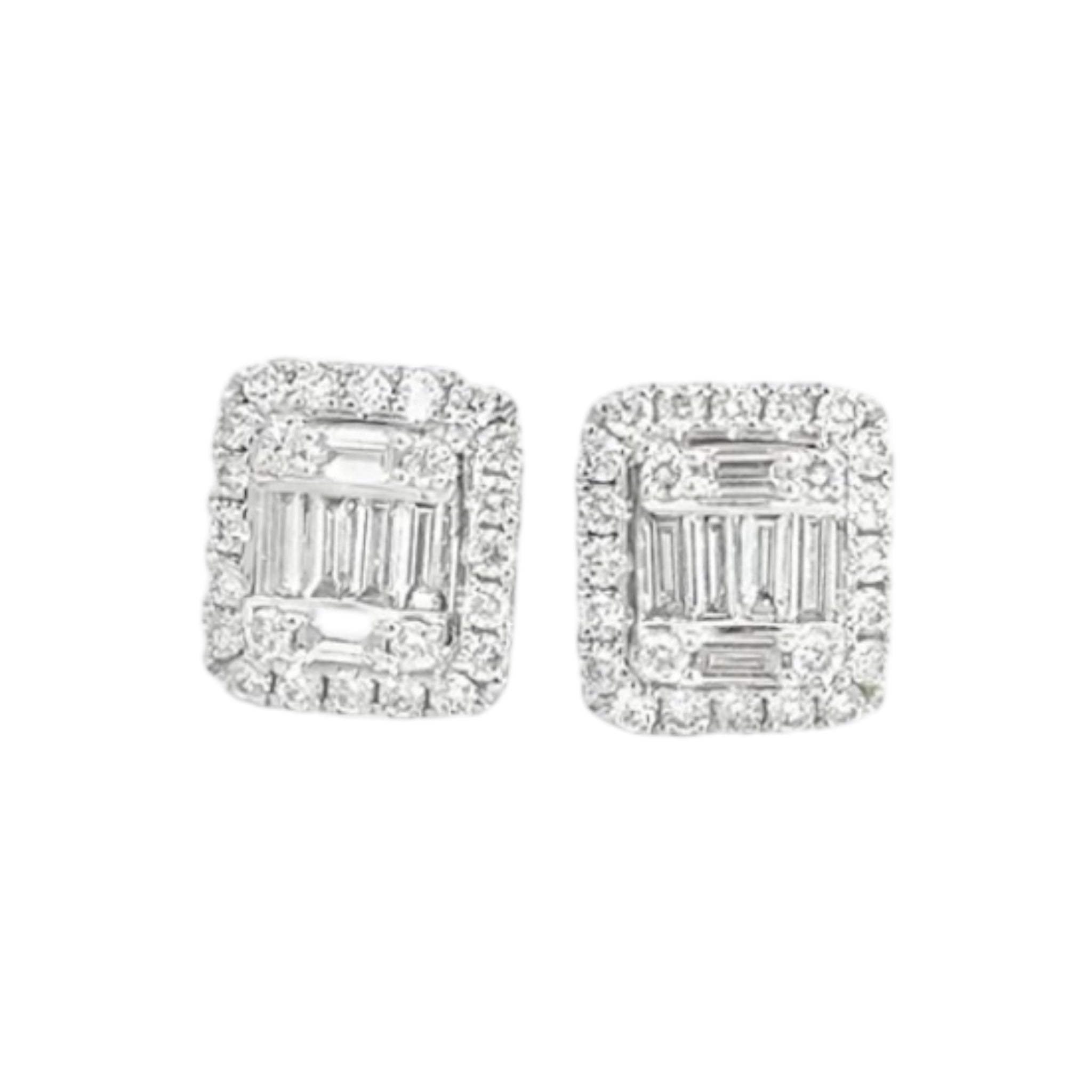 18k Illusion Setting Baguette & Round Diamond Studs 0.80 Carats Earrings
