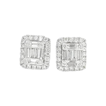 18k Illusion Setting Baguette & Round Diamond Studs 0.80 Carats Earrings
