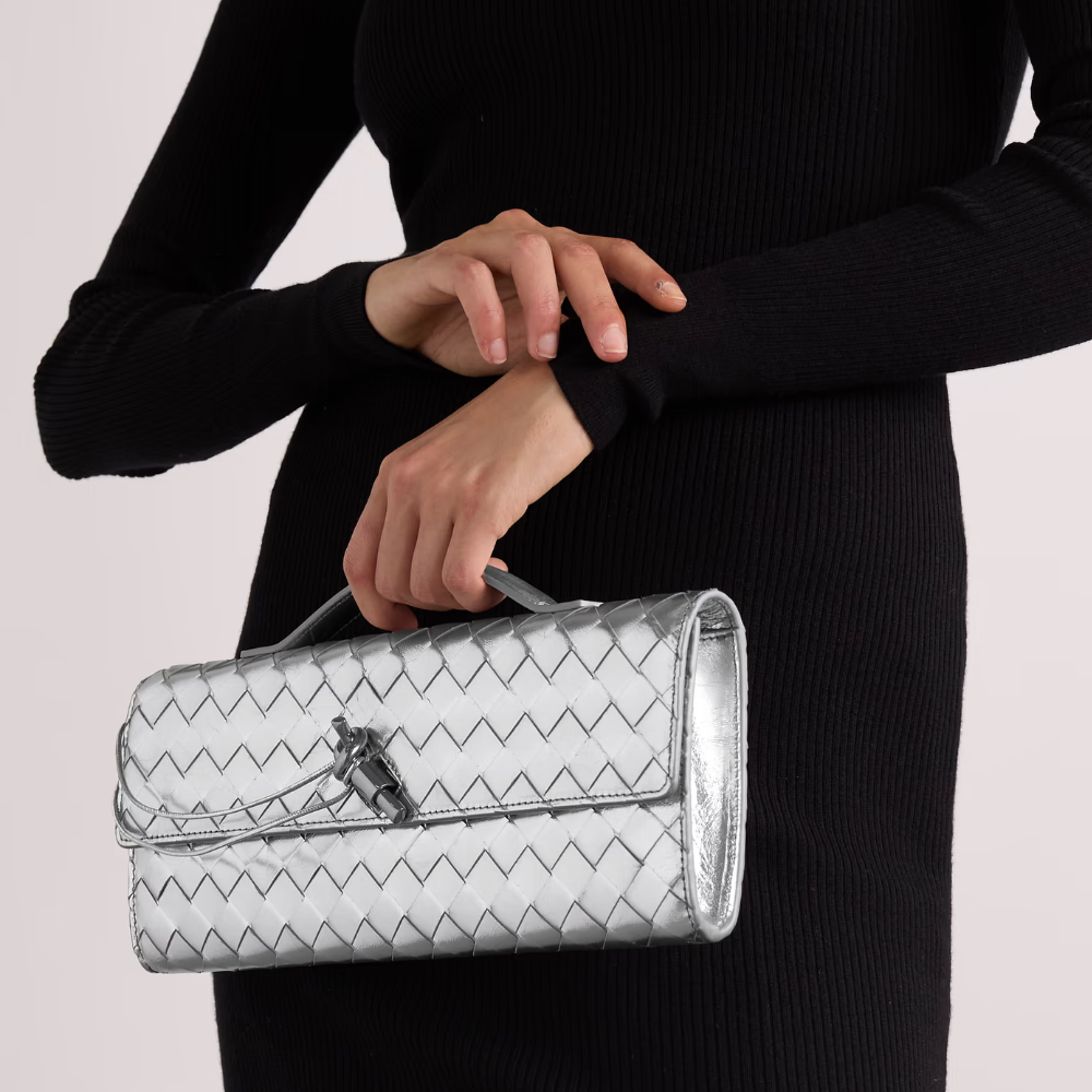 Andiamo Intrecciato Metallic Leather Long Clutch In Silver Designer Clutch for Women
