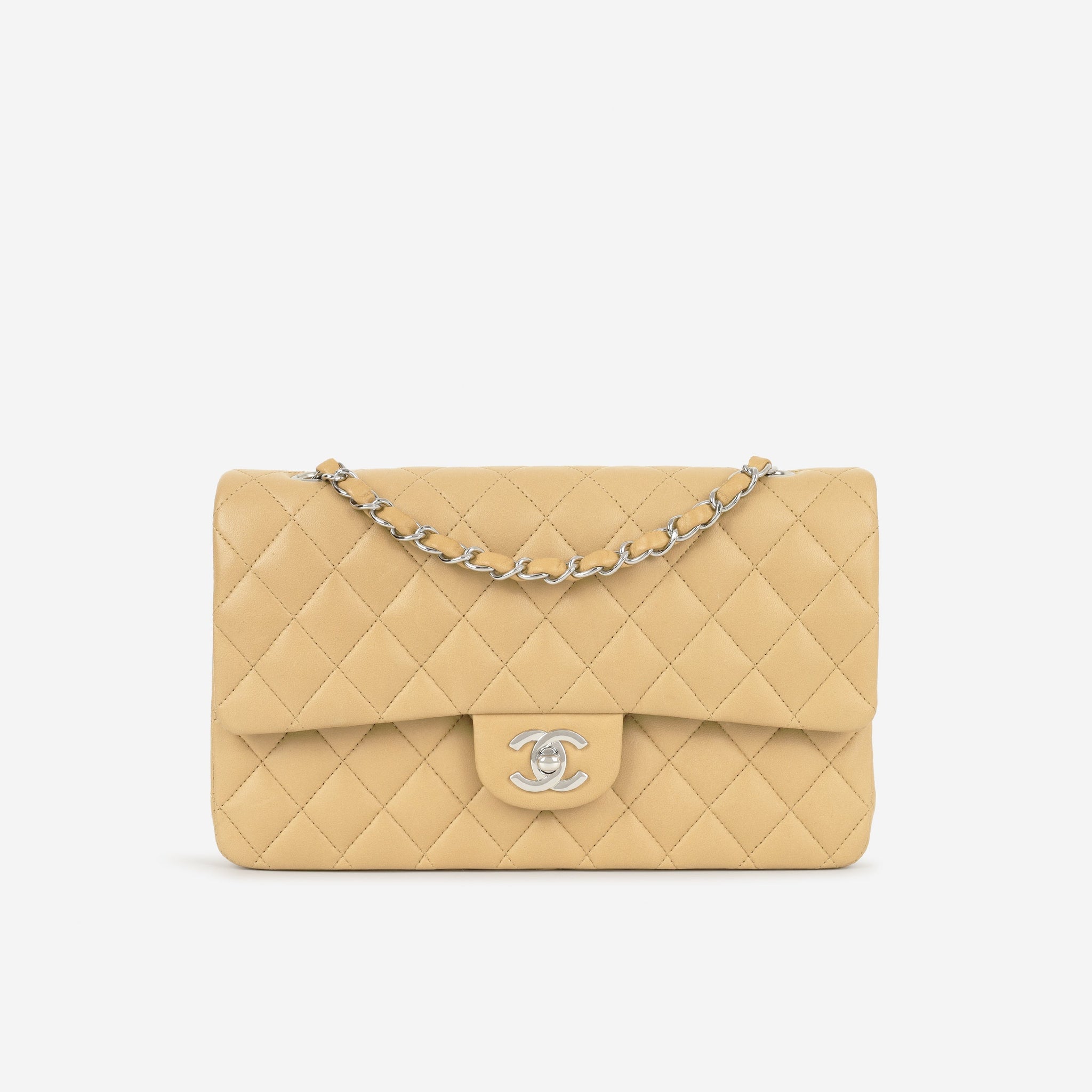 Chanel Vintage Medium Classic Flap Beige Lambskin Silver Hardware