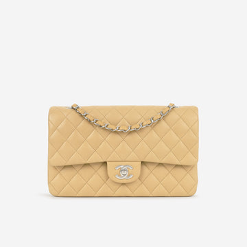 Chanel Vintage Medium Classic Flap Beige Lambskin Silver Hardware