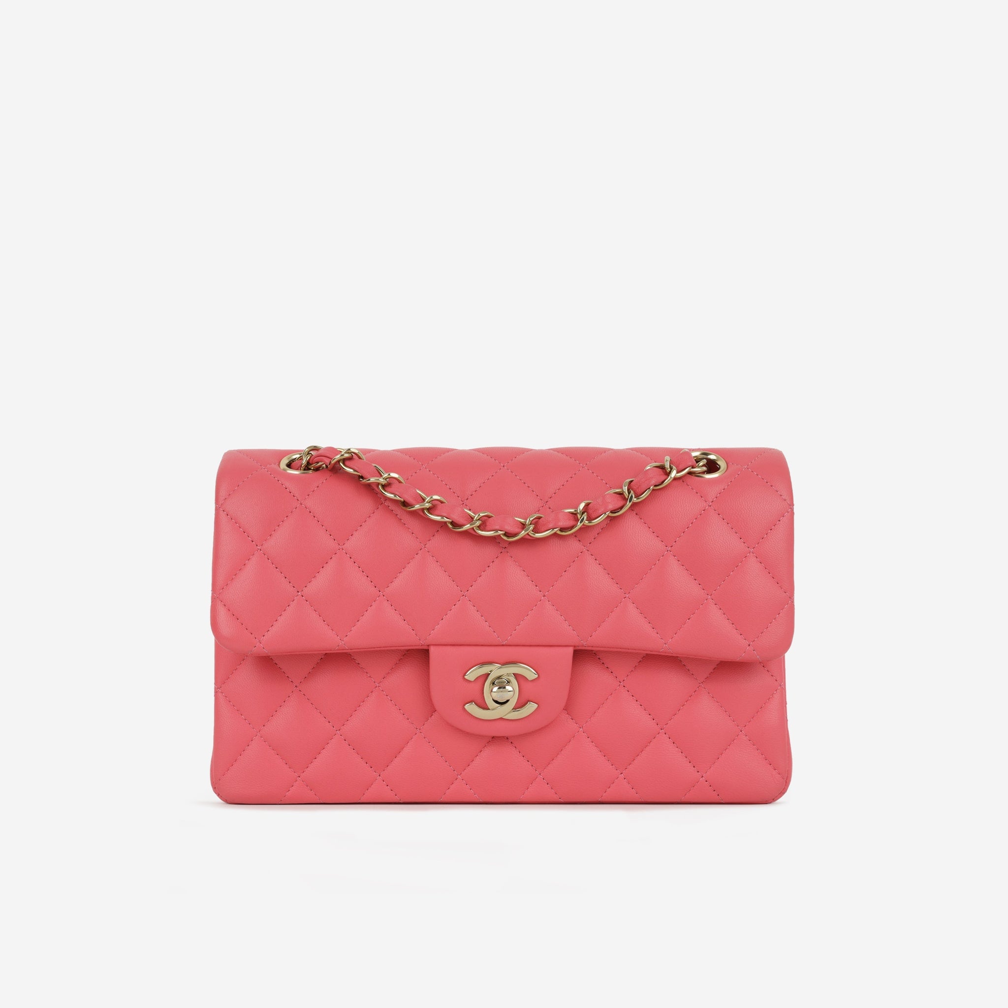 Chanel Small Double Classic Flap Pink Lambskin Champagne-Gold Hardware