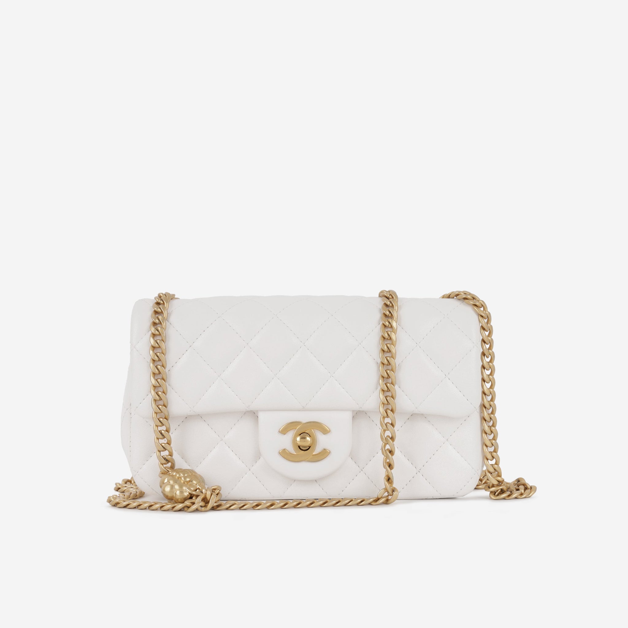 Chanel Mini Rectangular Camellia Crush White Lambskin Antique gold Hardware