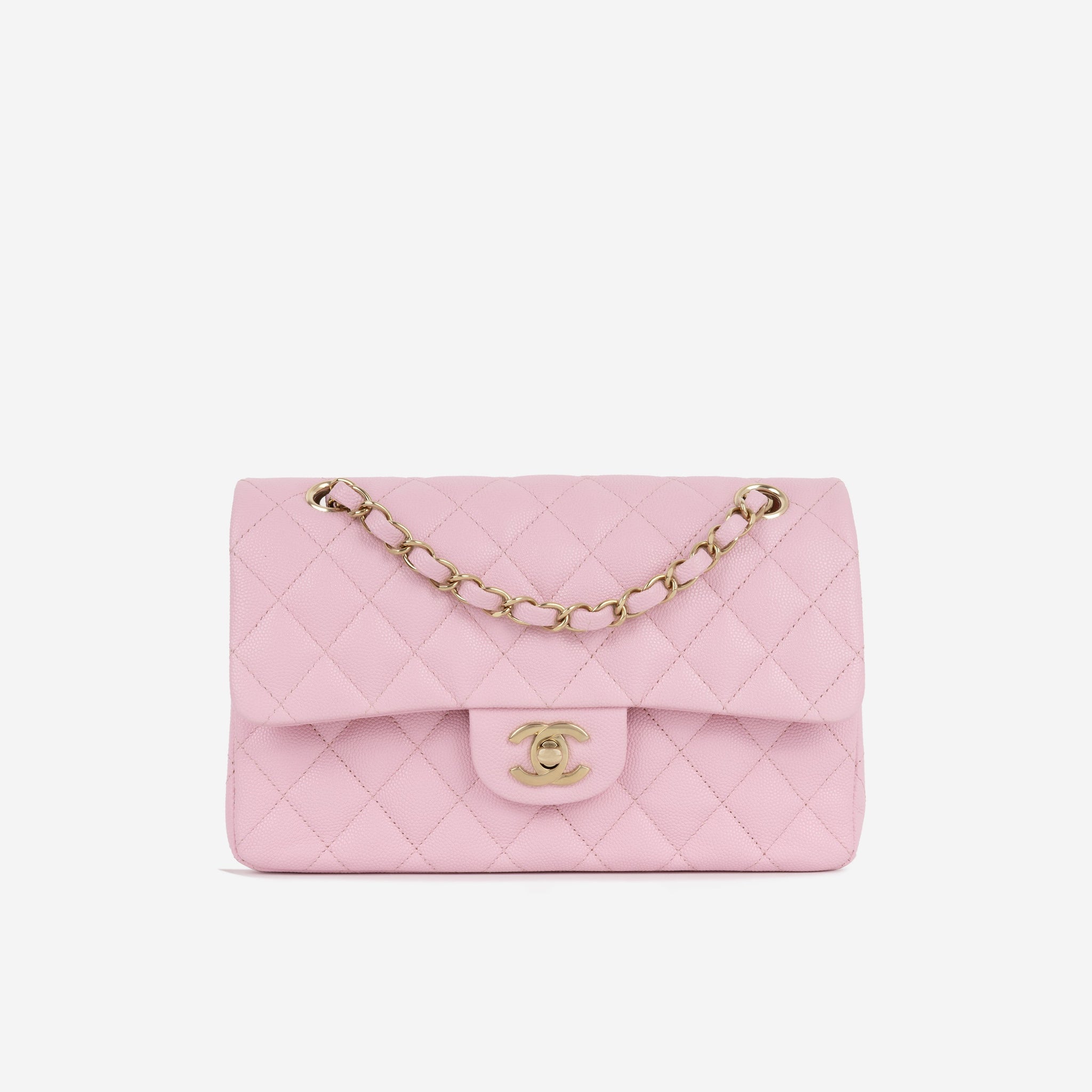Chanel Small Double Classic Flap Rose Fonce Caviar Champagne-Gold Hardware