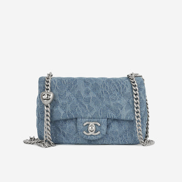 Chanel Mini Rectangular Camellia Crush Blue Embroidered Denim Silver Hardware