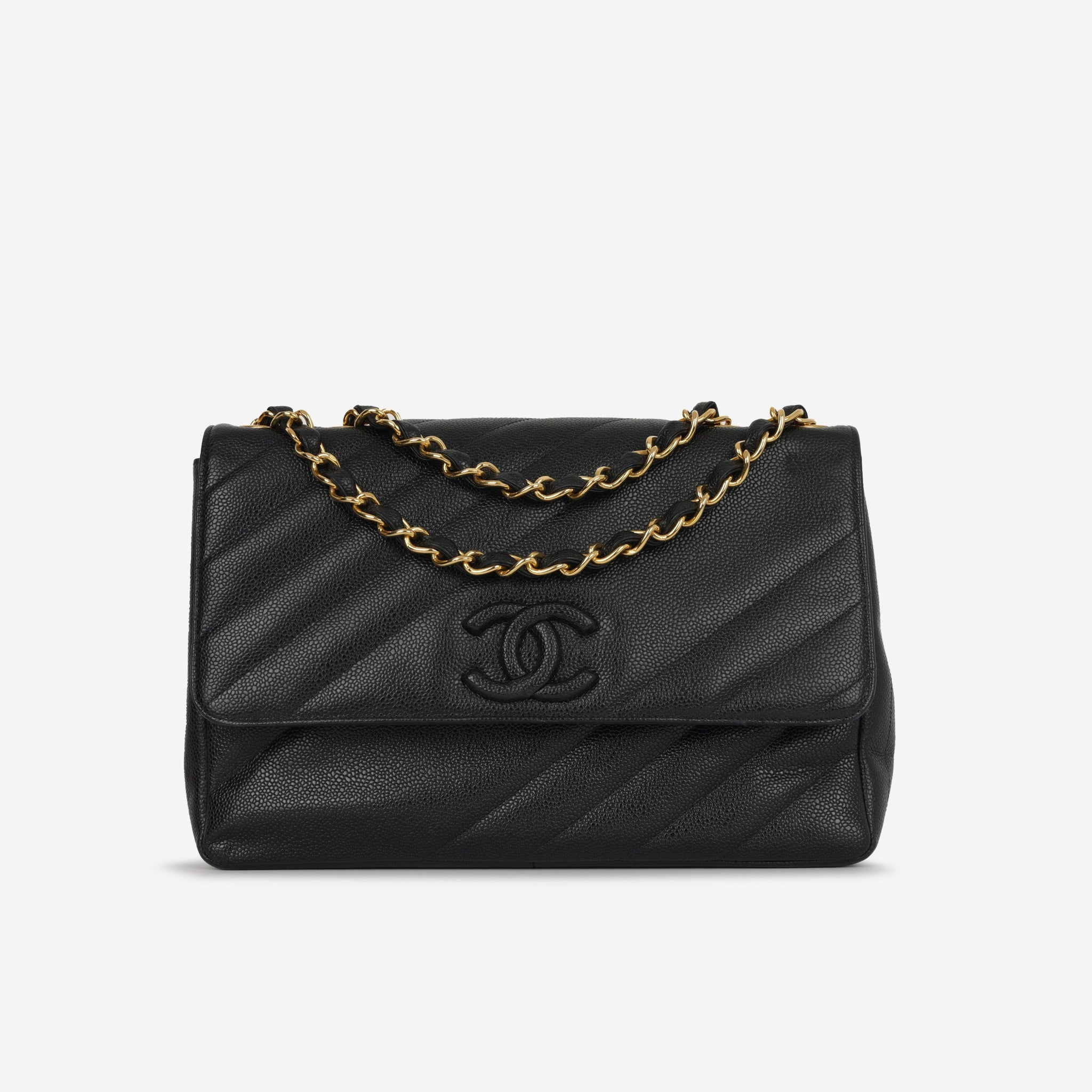 Chanel Vintage Jumbo Diagonal Flap Black Caviar Gold Hardware