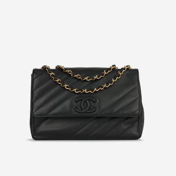 Chanel Vintage Jumbo Diagonal Flap Black Caviar Gold Hardware