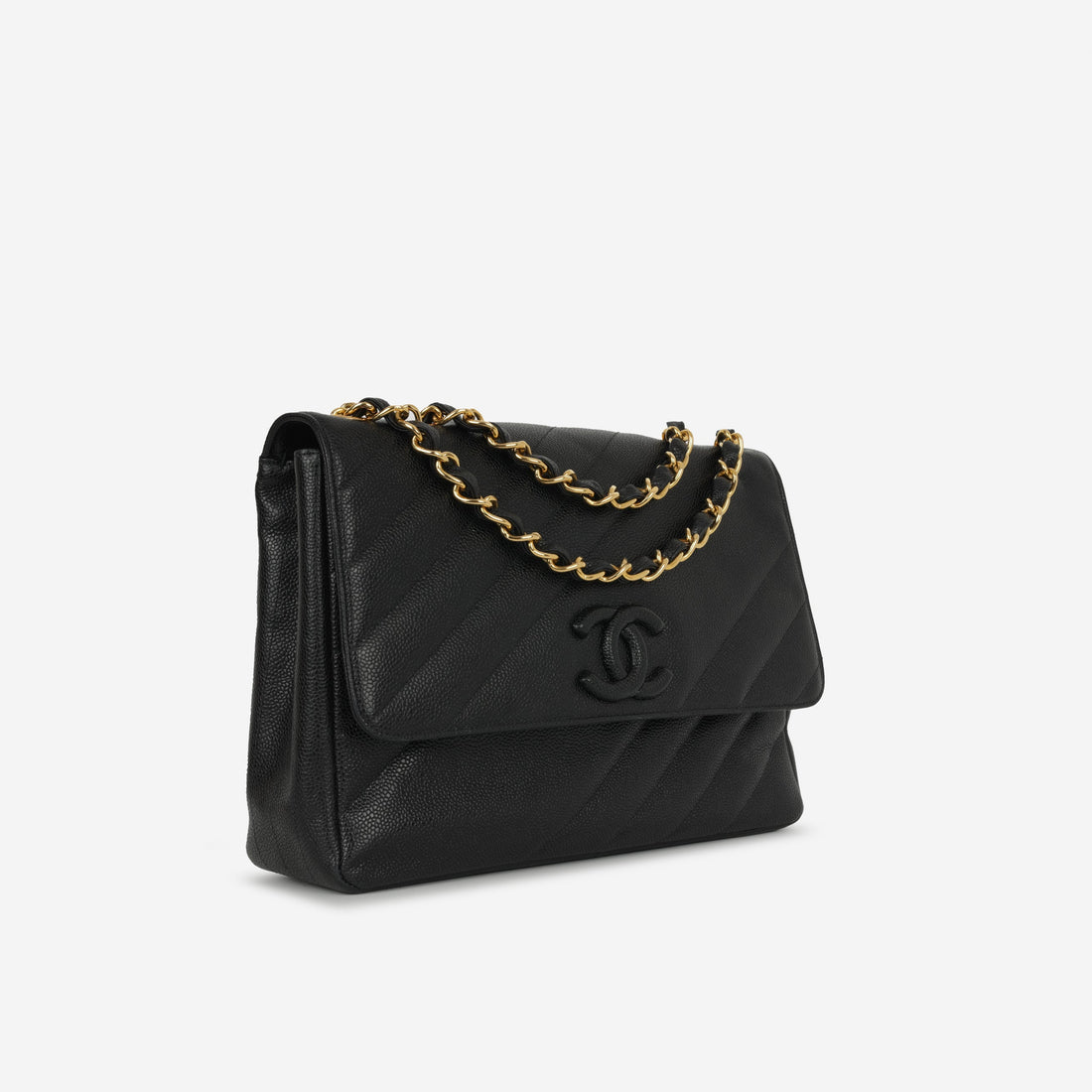Chanel Vintage Jumbo Diagonal Flap Black Caviar Gold Hardware