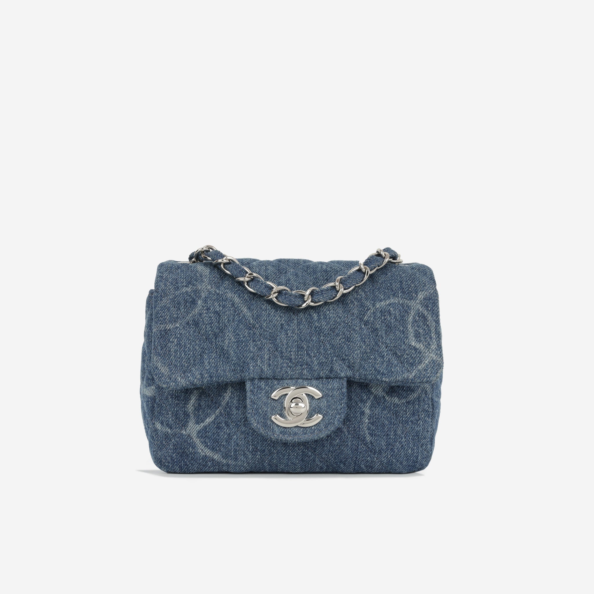 Chanel Mini CC Logo Square Flap Blue Denim Silver Hardware