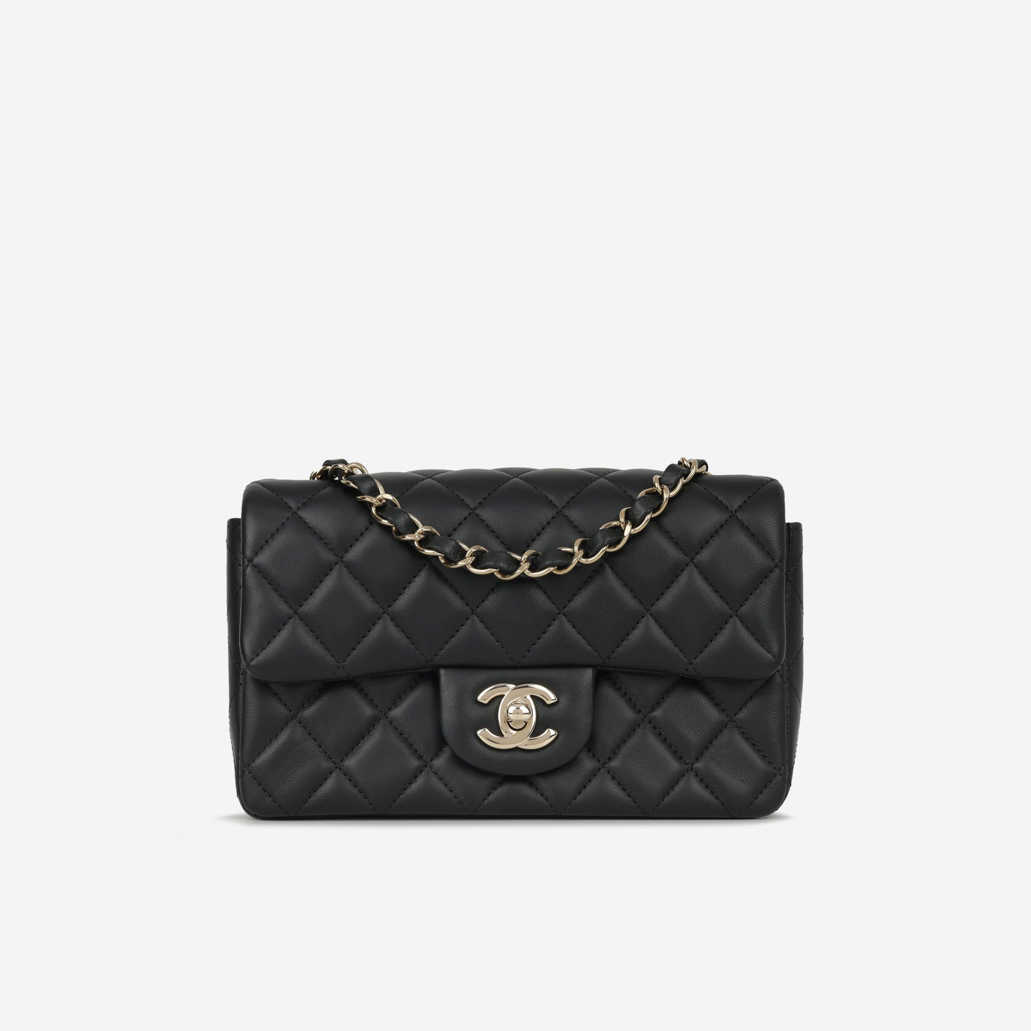 Chanel Mini Flap Rectangular Black Lambskin Champagne Gold Hardware