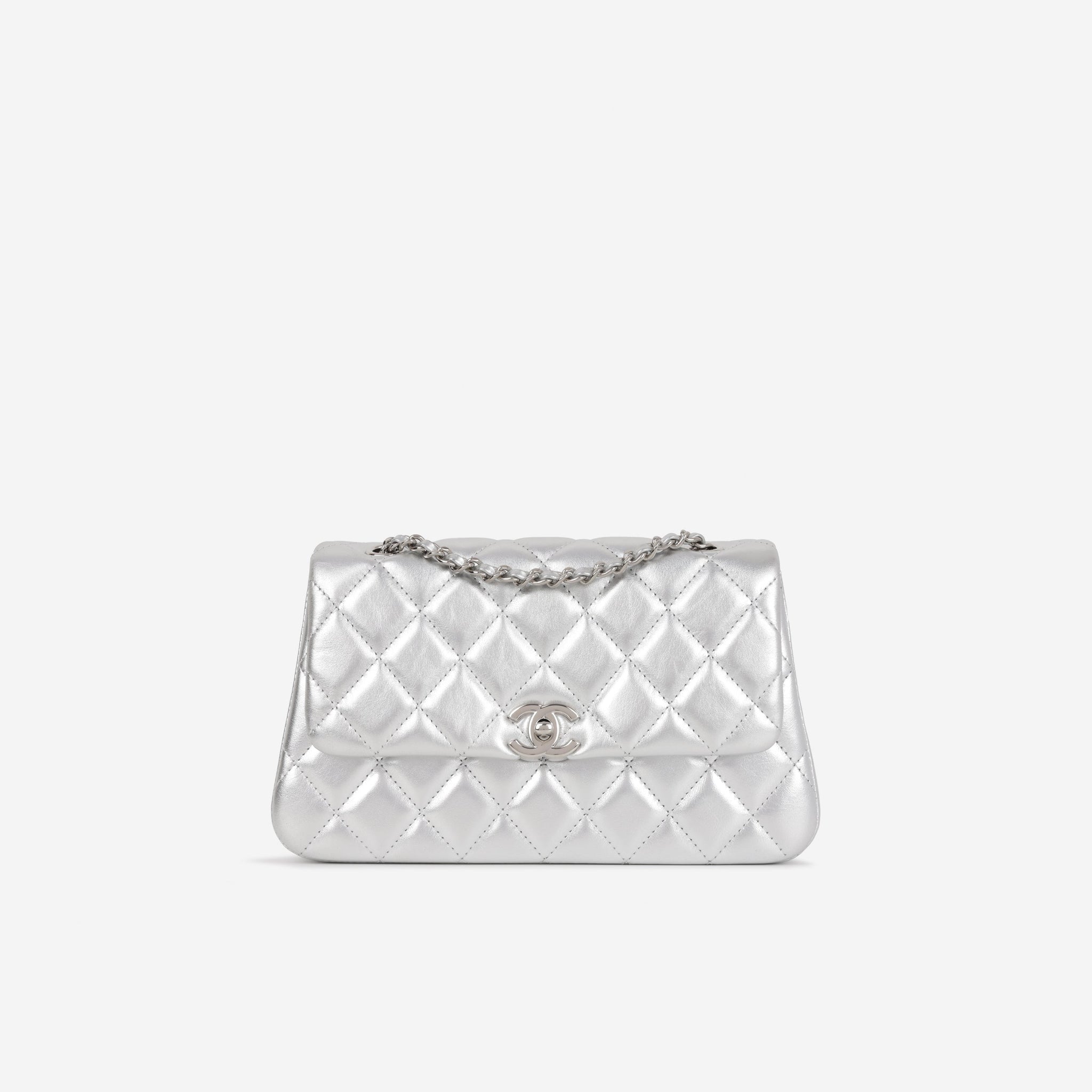 Chanel 25S Classic Flap Bag Silver Lambskin Silver Hardware