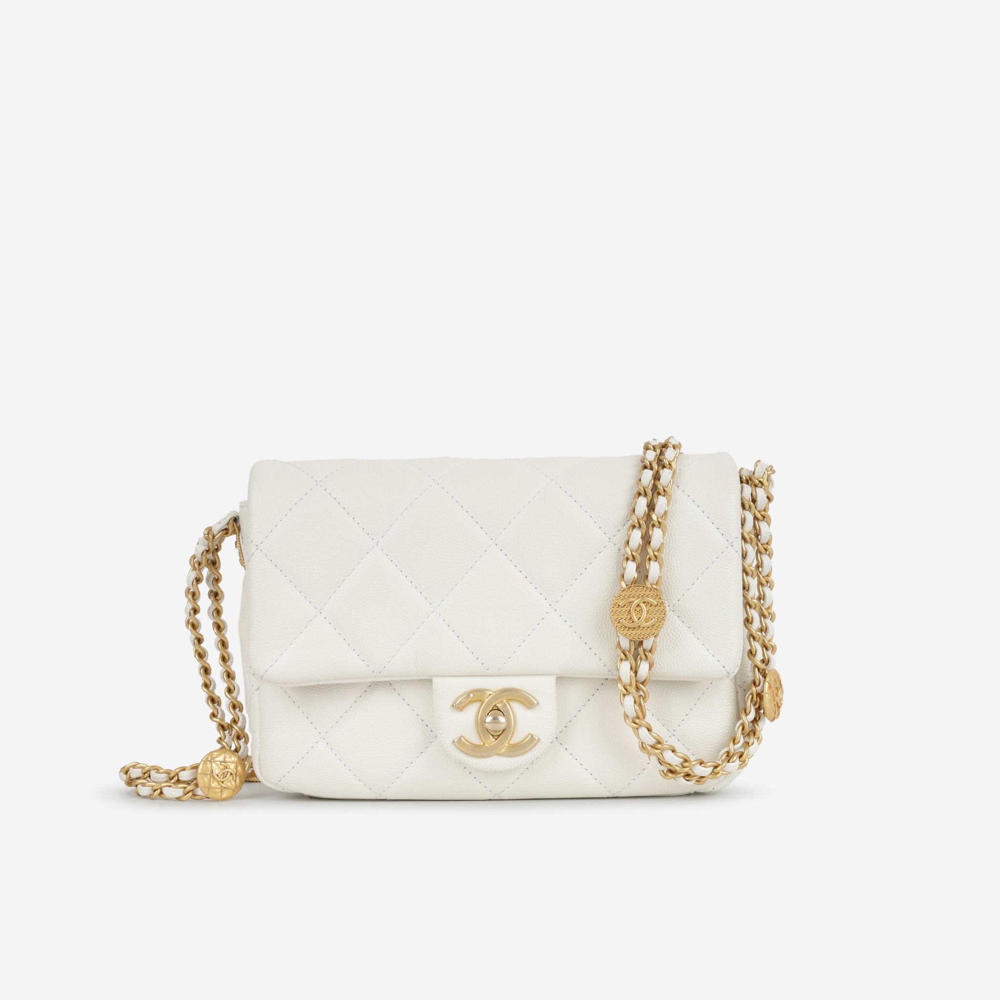 Chanel Coin Mini Flap White Caviar Gold Hardware