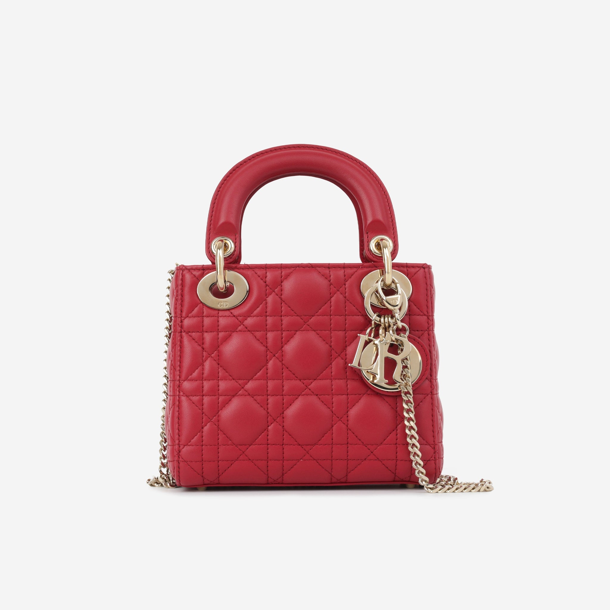 Christian Dior Mini Lady Dior Red Lambskin Champagne Gold Hardware