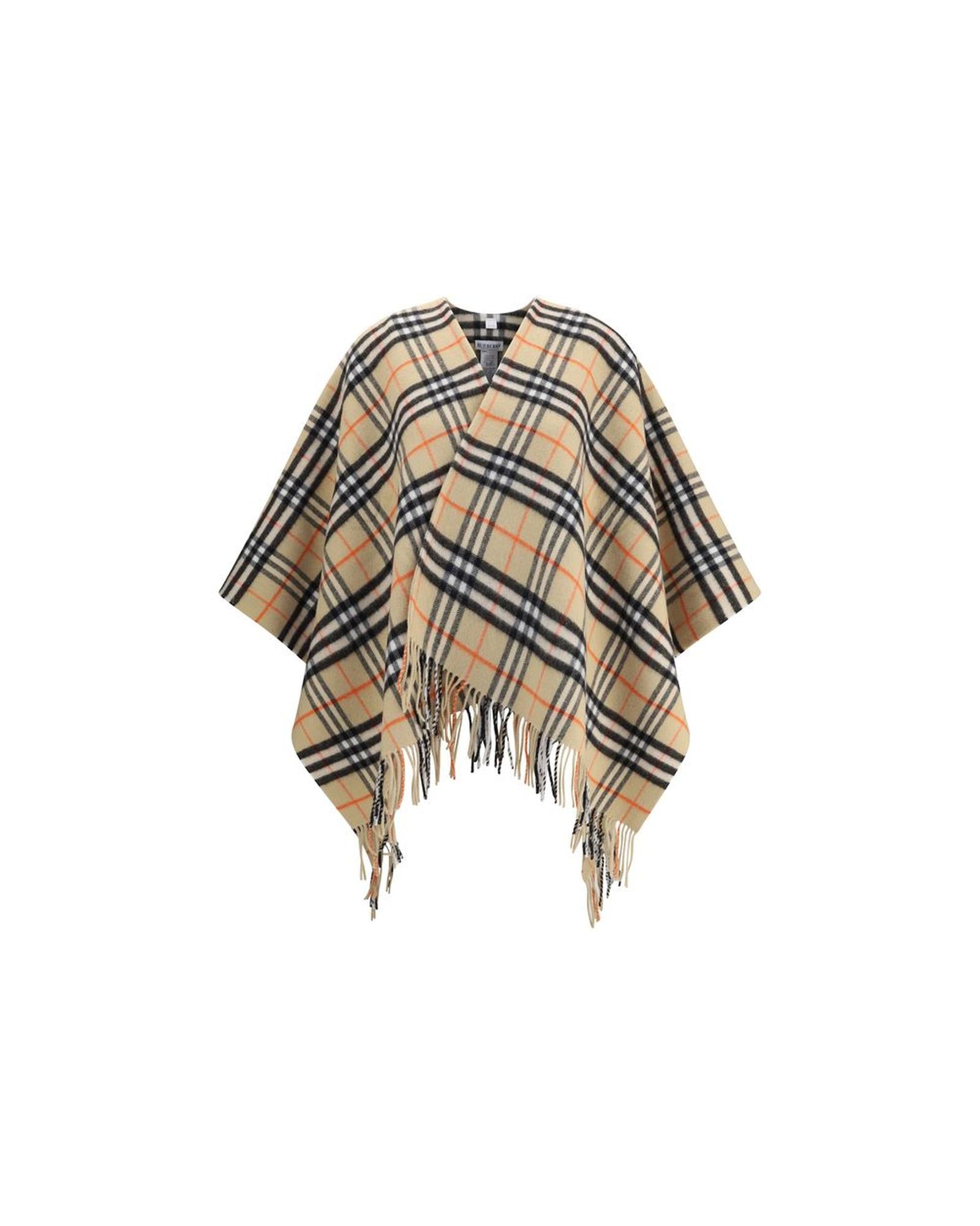 Burberry Check Wool Poncho Fringed Women Beige Jackets & Coats