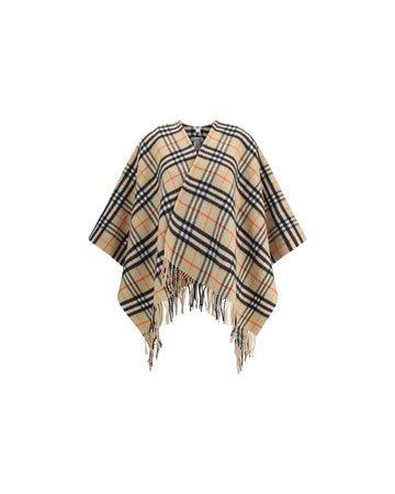 Burberry Check Wool Poncho Fringed Women Beige Jackets & Coats