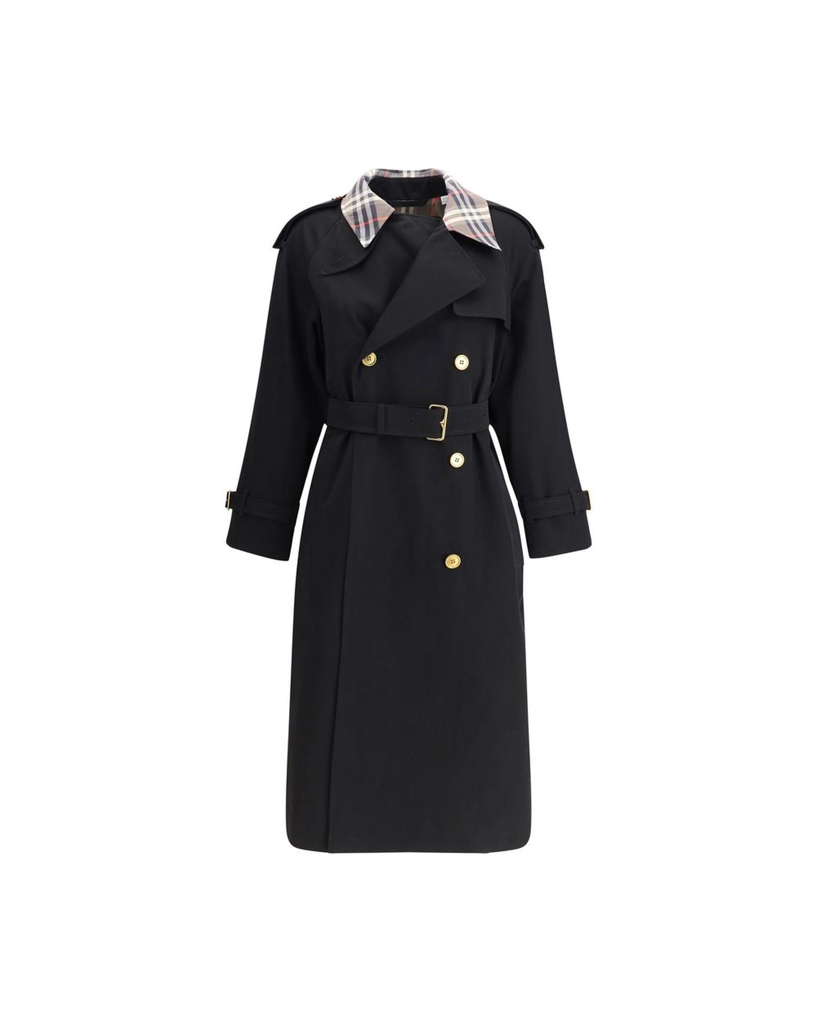 Burberry Trench Coat Plaid Collar Classic Design Women Black Jackets & Coats
