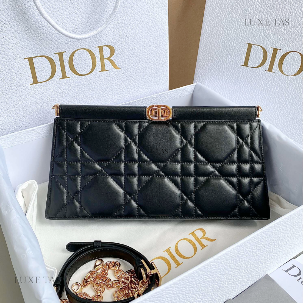 Black Cannage Lambskin D Caro Colle Noire Clutch with Chain Leather Crossbody Bag for Women