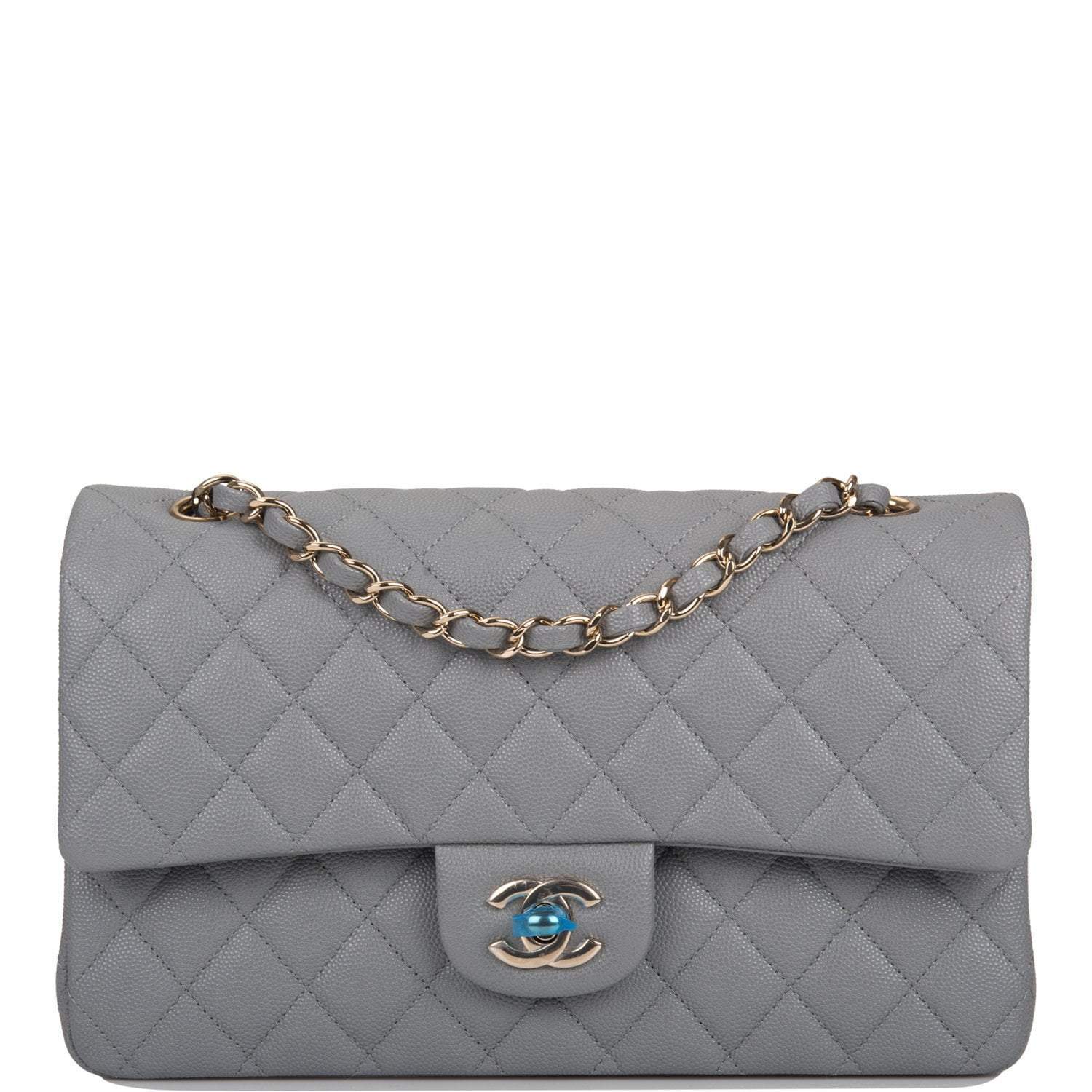 Chanel Shiny Gray Quilted Caviar Medium Classic Double Flap Bag Light Gold Hardware