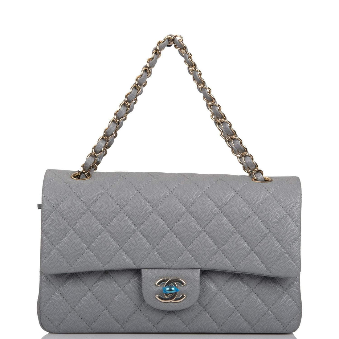 Chanel Shiny Gray Quilted Caviar Medium Classic Double Flap Bag Light Gold Hardware