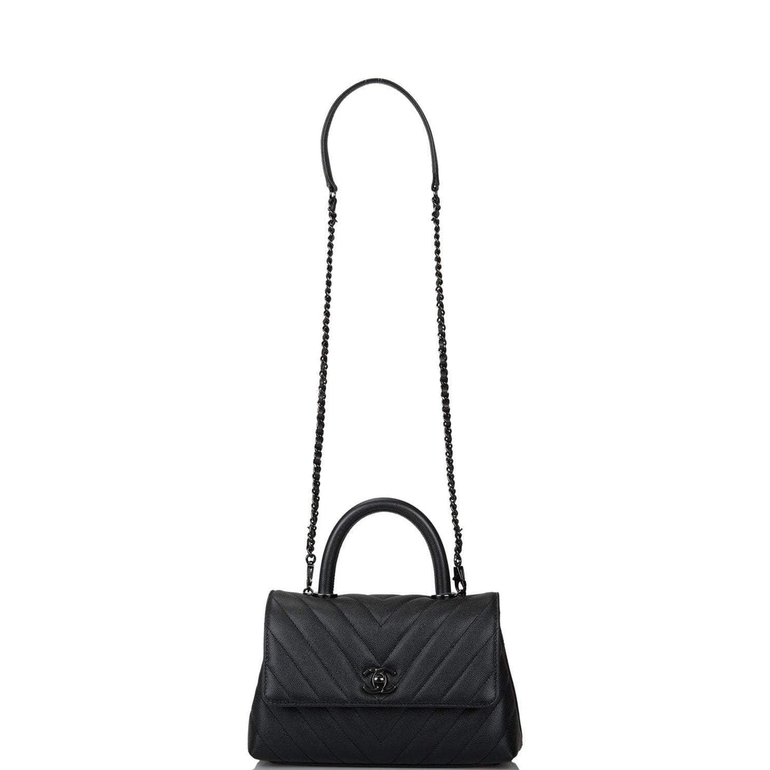 Chanel SO Black Chevron Caviar Mini Coco Handle Flap Bag Black Hardware