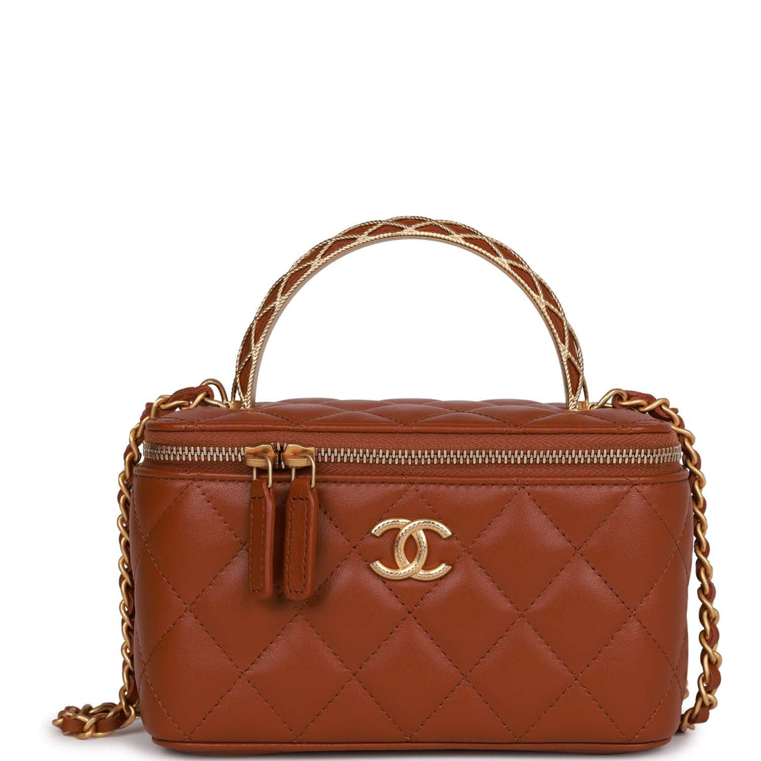 Chanel Small Top Handle Vanity Case Brown Lambskin Brushed Gold Hardware