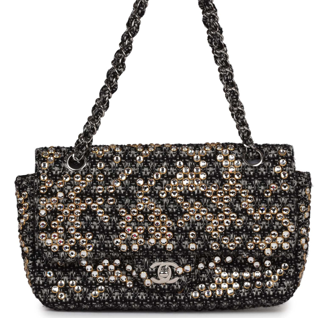 New Chanel Medium Single Flap Black and White Tweed With Crystals Silver Hardware