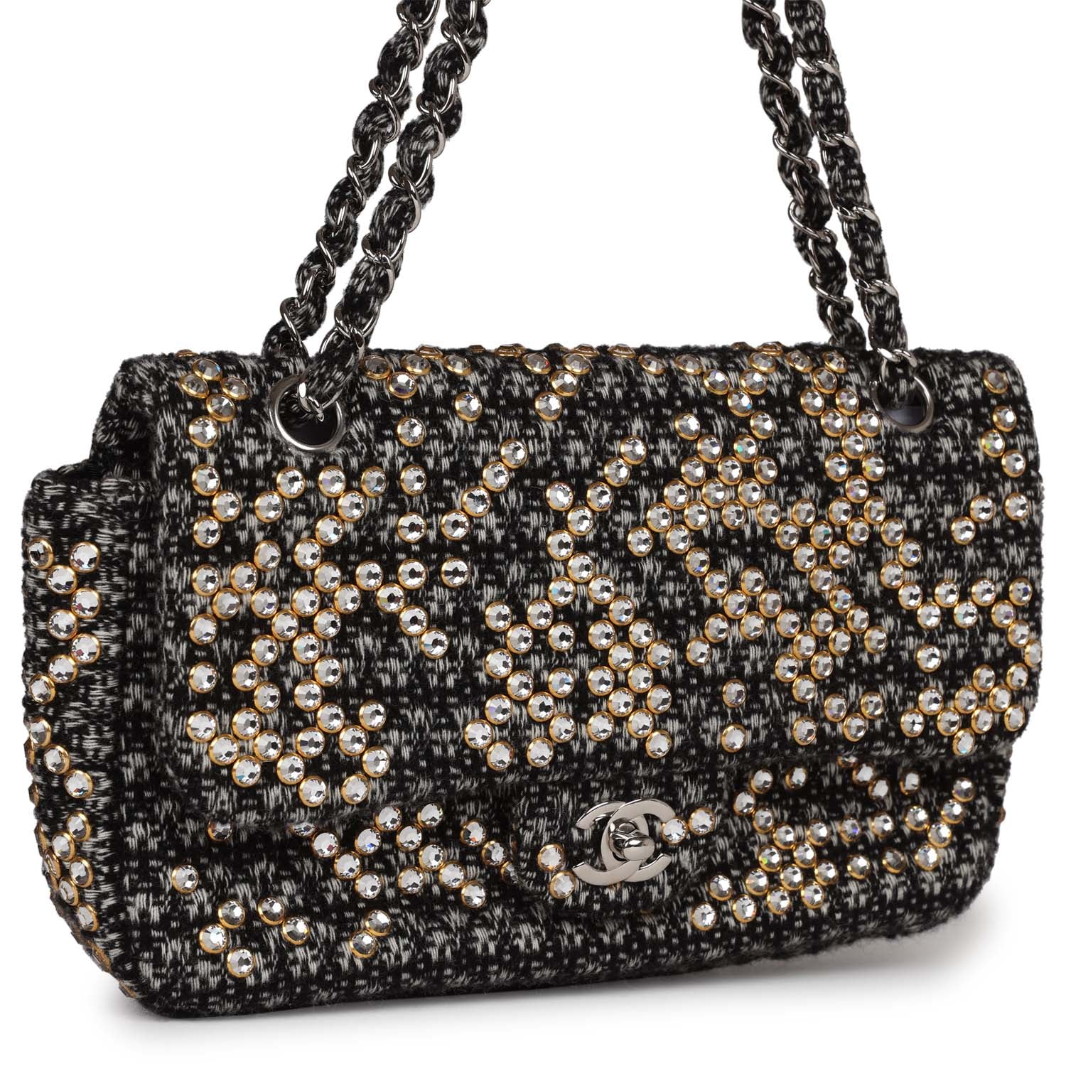 New Chanel Medium Single Flap Black and White Tweed With Crystals Silver Hardware