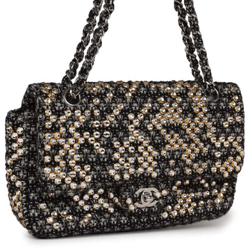New Chanel Medium Single Flap Black and White Tweed With Crystals Silver Hardware